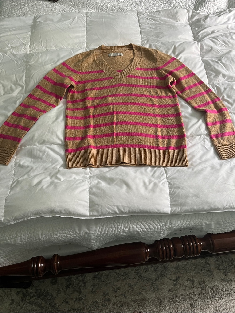 LOFT Beige and Hot Pink Striped V-Neck Sweater
